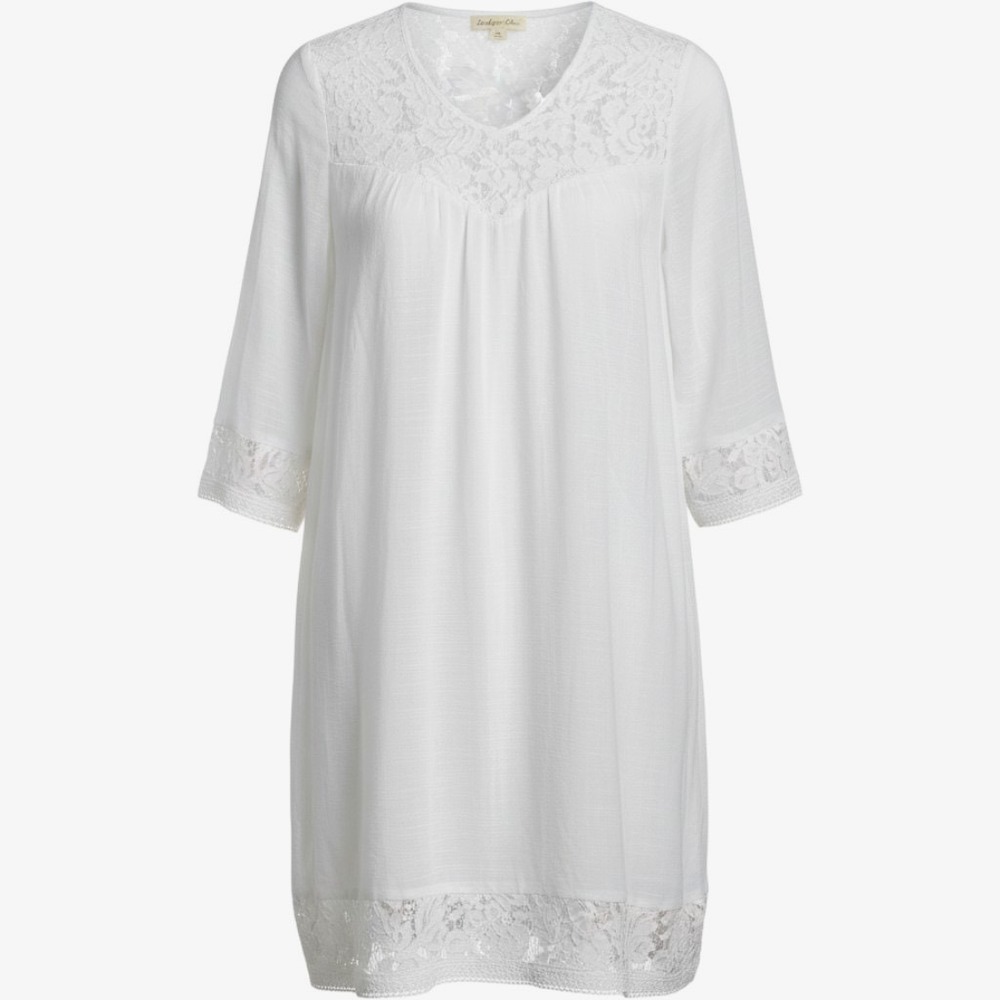 Indigo Rose White Lace Trim Shift Dress Small Boho Cottagecore V-Neck